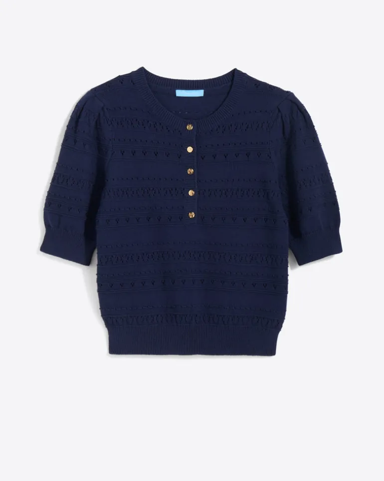 Annabelle Short-Sleeve Sweater in Navy Pointelle
