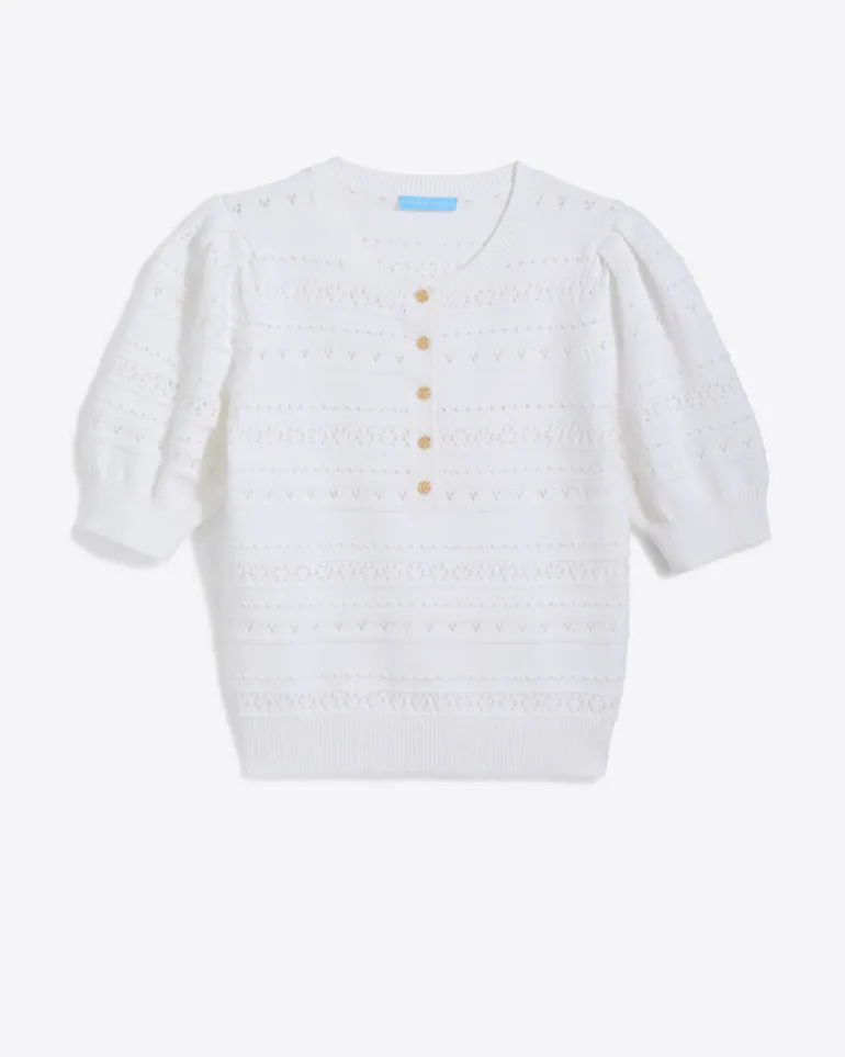 Annabelle Short-Sleeve Sweater in White Pointelle