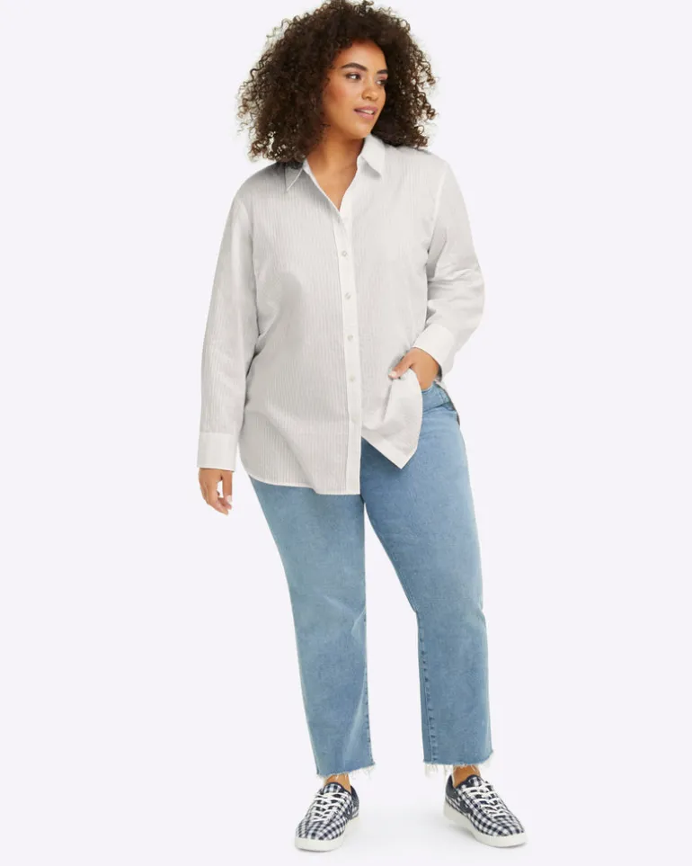 Button Down Top in White Shirting Stripe
