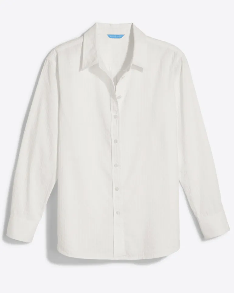 Button Down Top in White Shirting Stripe