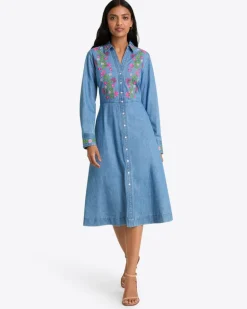 Cecilia Embroidered Shirtdress in Denim