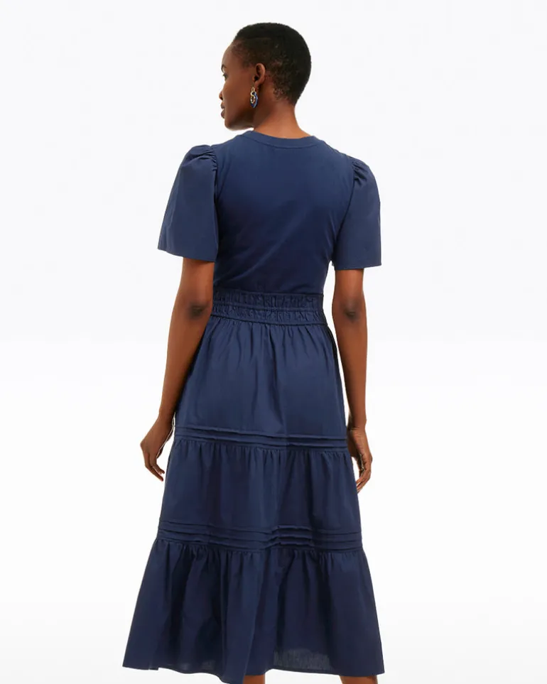 Cleo Mixed Media Midi Dress in Navy