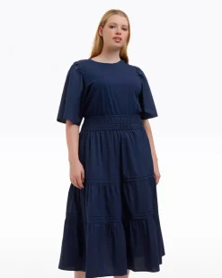 Cleo Mixed Media Midi Dress in Navy