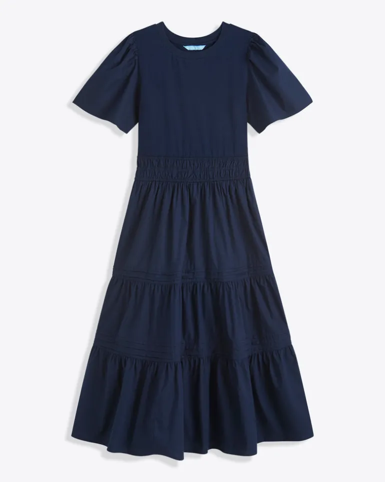 Cleo Mixed Media Midi Dress in Navy