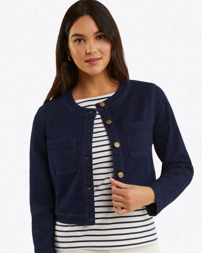 Collarless Jacket in Stretch Denim