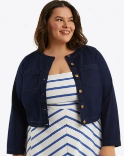 Collarless Jacket in Stretch Denim