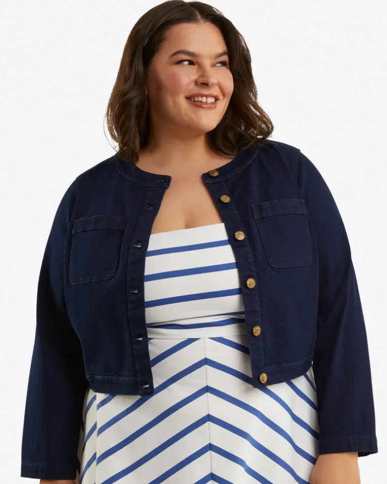 Collarless Jacket in Stretch Denim