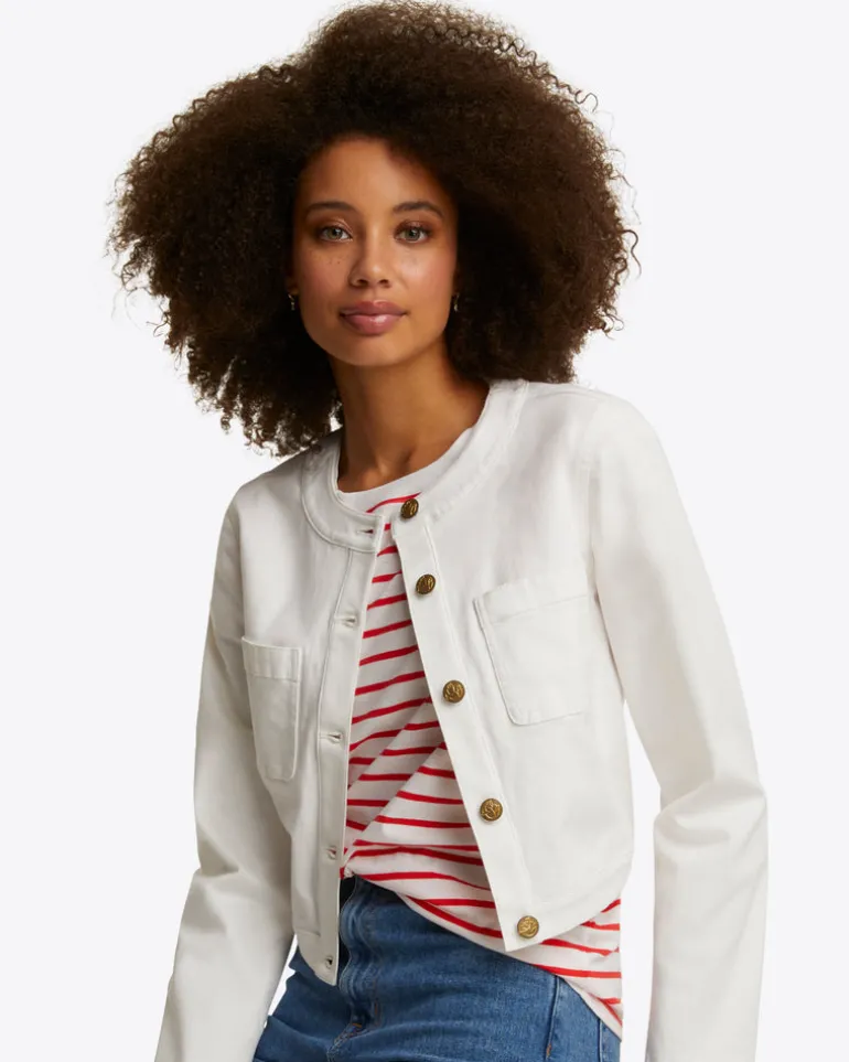 Collarless Jacket in White Denim