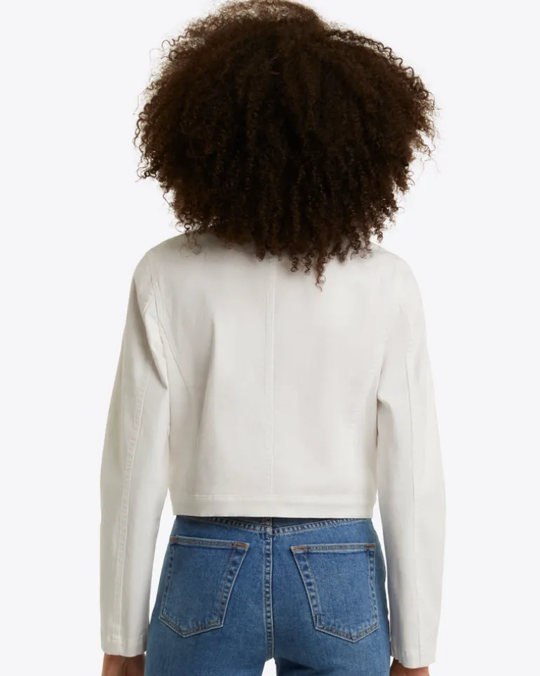 Collarless Jacket in White Denim