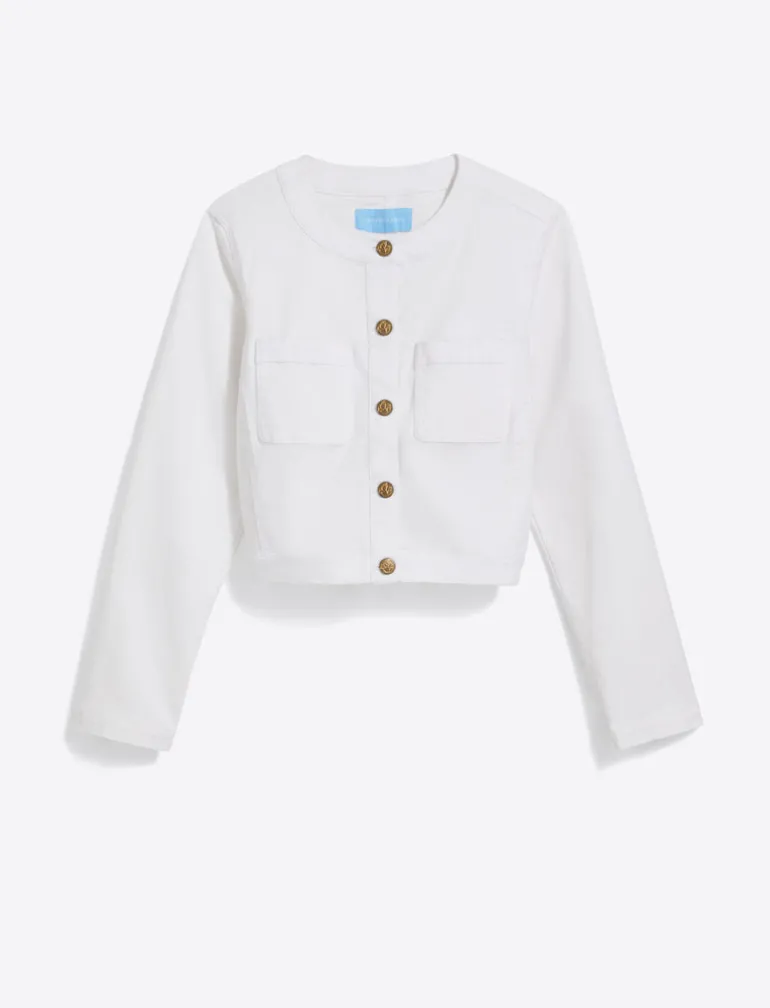 Collarless Jacket in White Denim
