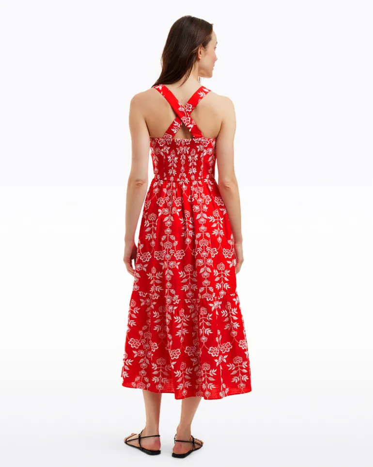 Cynthia Embroidered Midi Dress in Red Floral Embroidery