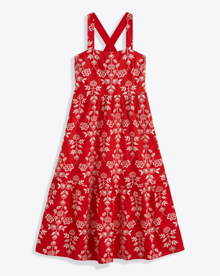 Cynthia Embroidered Midi Dress in Red Floral Embroidery