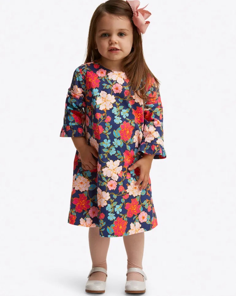 Girls Ruffle Shift Dress in Stretch Poplin