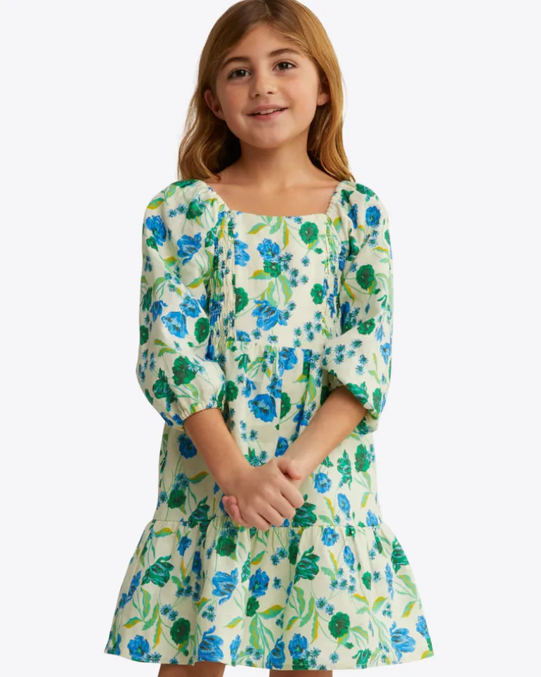 Girls Smocked Long Sleeve Dress in Linen