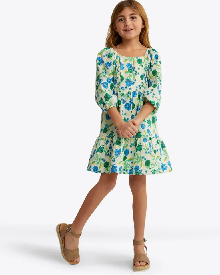 Girls Smocked Long Sleeve Dress in Linen