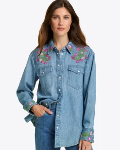 Lynn Embroidered Long Sleeve Top in Denim