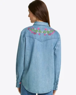 Lynn Embroidered Long Sleeve Top in Denim