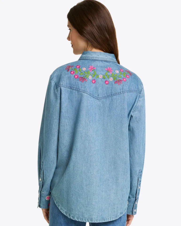 Lynn Embroidered Long Sleeve Top in Denim