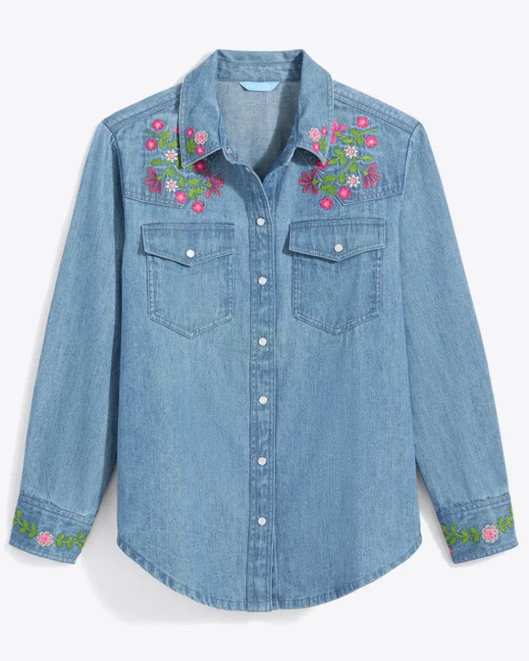 Lynn Embroidered Long Sleeve Top in Denim