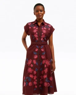 Presley Embroidered Midi Shirtdress in Raspberry Pink