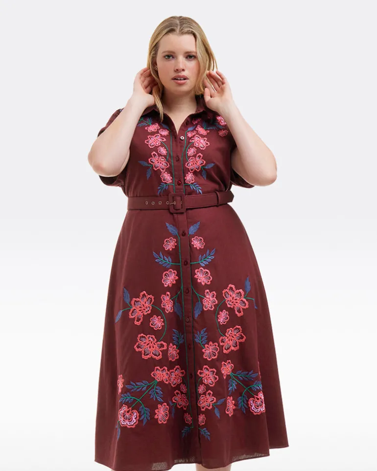 Presley Embroidered Midi Shirtdress in Raspberry Pink