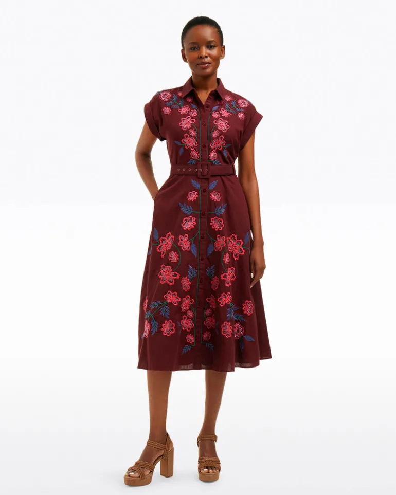 Presley Embroidered Midi Shirtdress in Raspberry Pink