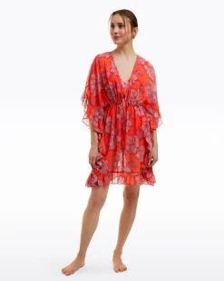Red Magnolia Ruffle Caftan Cover Up