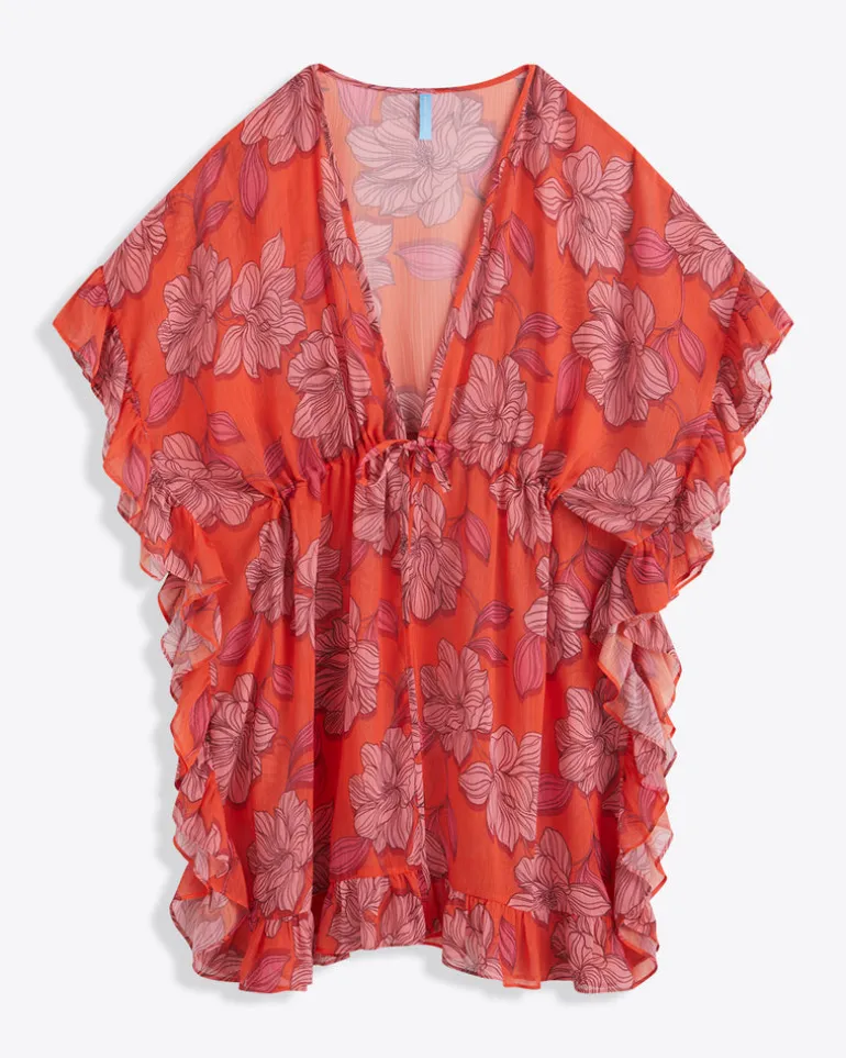 Red Magnolia Ruffle Caftan Cover Up