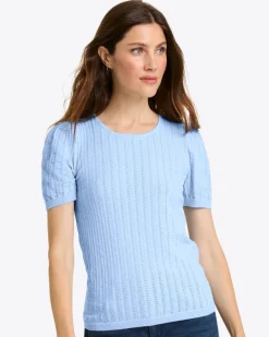 Short Sleeve Sweater in Blue Pointelle