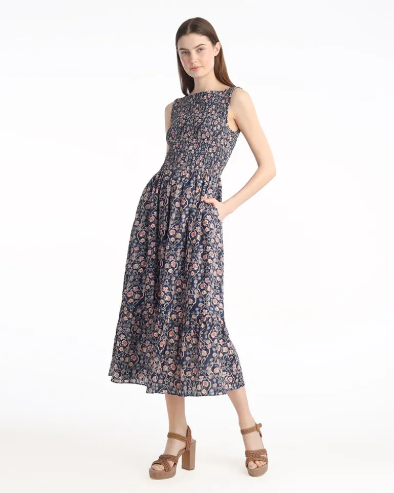 Wren Sleeveless Smocked Midi Dress in Twilight Vines